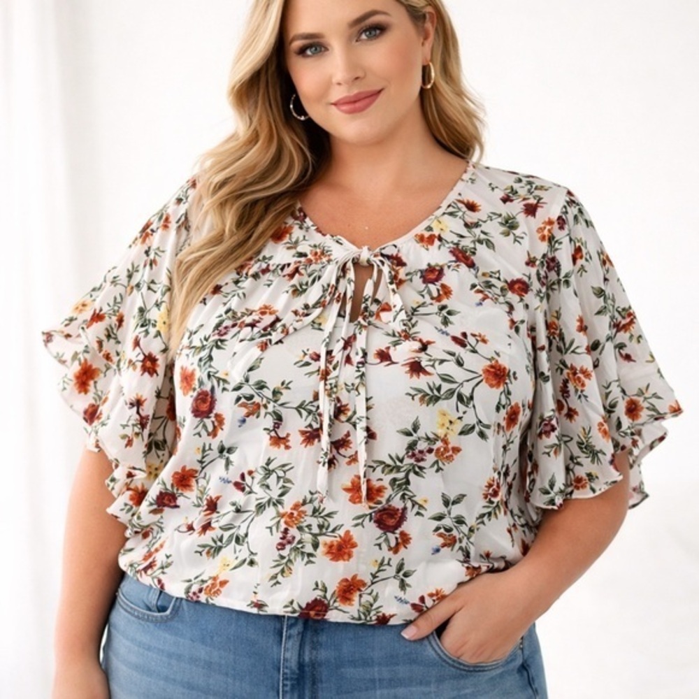 Windsor Floral Blouse Short Flutter Sleeve Tie front size 2X